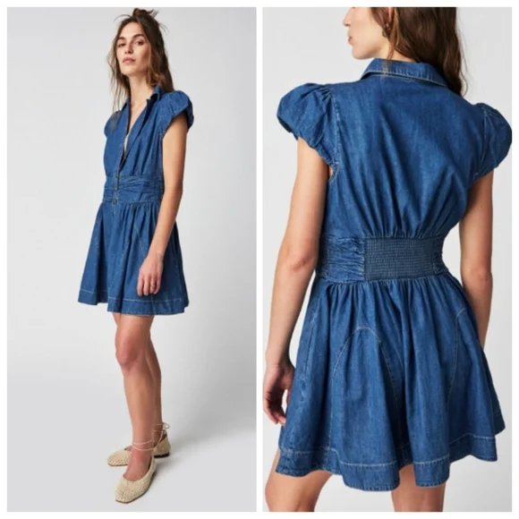 Free People Chester Dress Womens Large Stretch Denim Flutter Sleeve Sparkle 8 - Picture 1 of 15